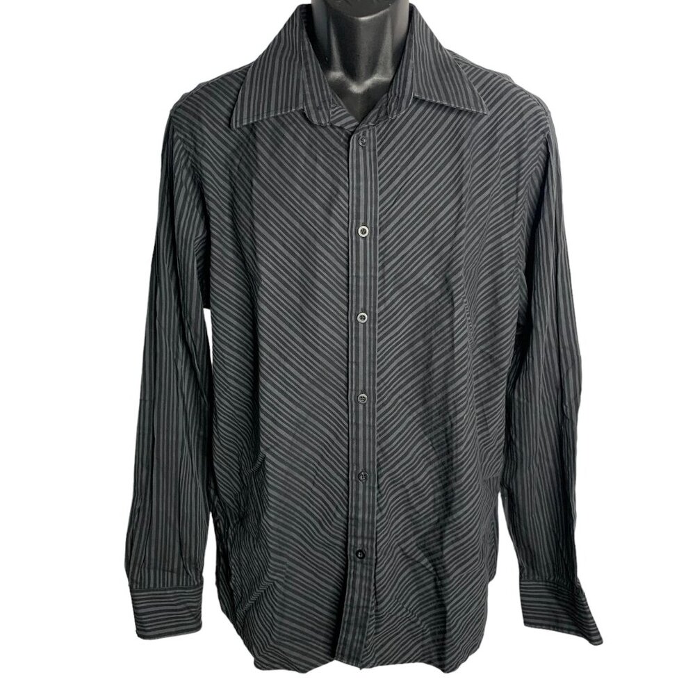 Eighty Eight Button Up Long Sleeves Shirt XL Black Striped Collared Cotton